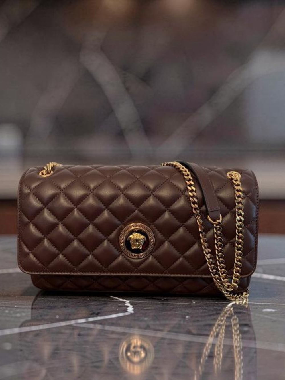 Versace La Medusa Brown Quilted Lambskin Leather Medium Crossbody Shoulder Bag - Picture 2 of 16